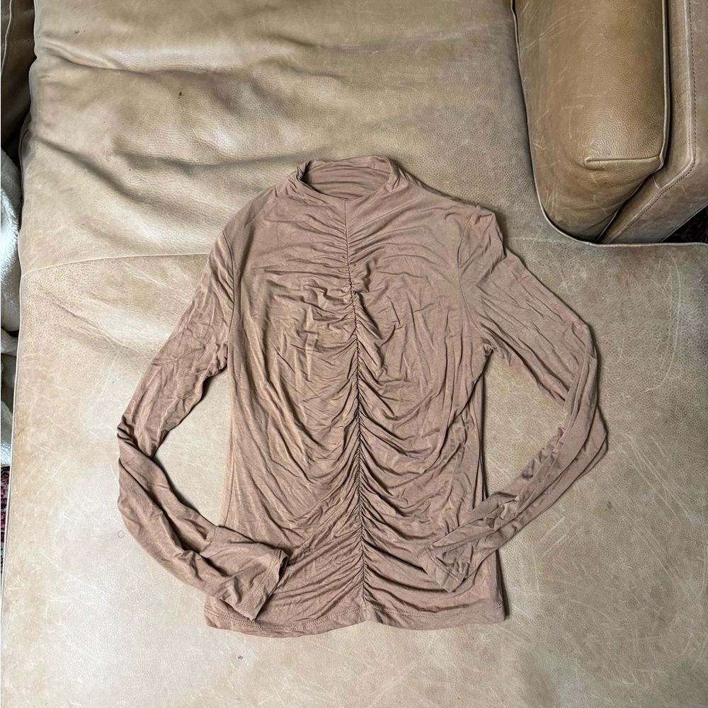 Bohme Ruched Front Brown Mock Neck Long Sleeve Size Large